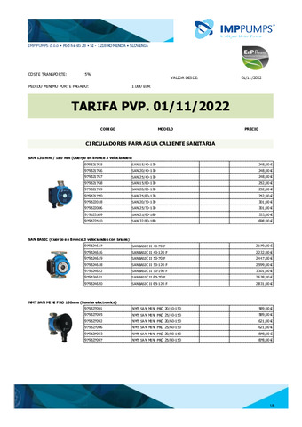 IMP PUMPS TARIFA BOMBAS ROTOR HÚMEDO ACS NOVIEMBRE 2022